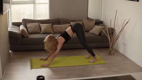 una joven está haciendo un complejo de asanas de yoga saludables en casa en una alfombra cómoda desarrollando resistencia y flexibilidad. personas y concepto deportivo moderno. cámara lenta