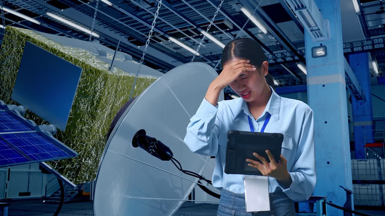 ingeniero que enfrenta un problema con el satélite en una fábrica