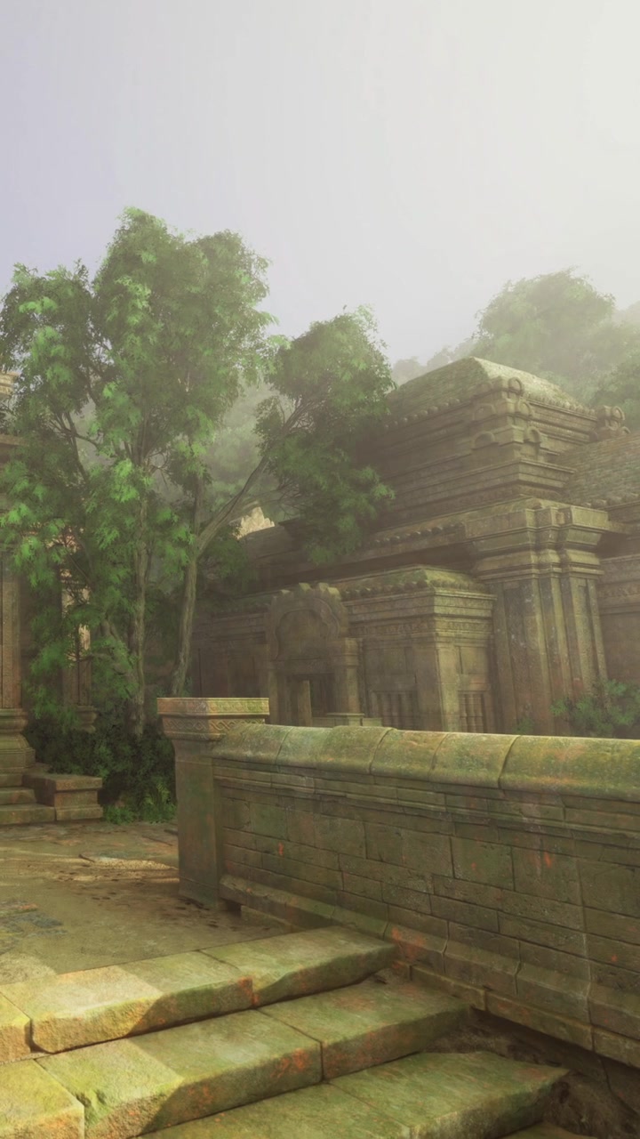 Ancient temple ruins surrounded by lush greenery bathed in morning mist