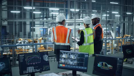 young diverse team of automotive engineers working in office at car factory. industrial designer talks about electric engine parts with colleagues, discussing different technological applications.