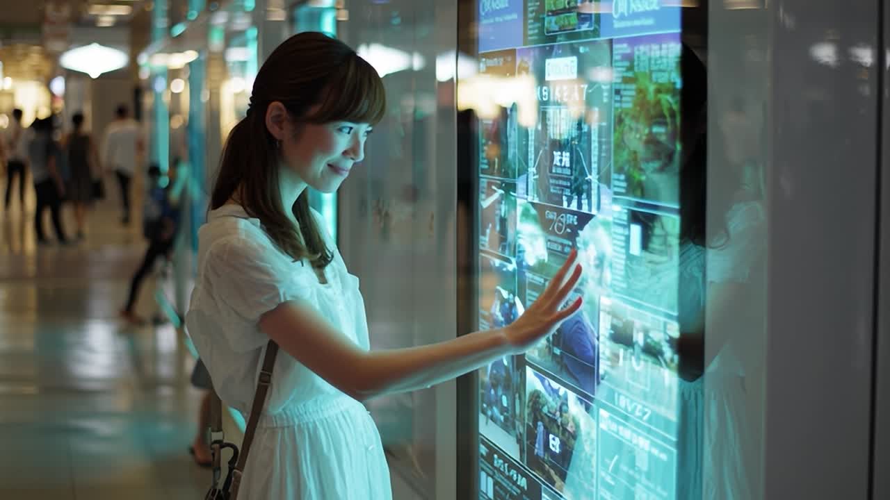 Woman interacting with digital display in a busy shopping center