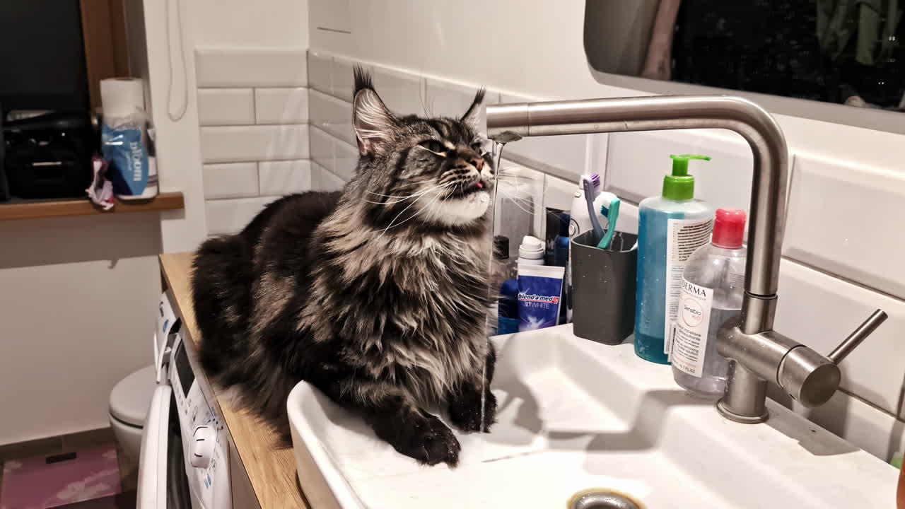 Maine Coon cat drinking water from kitchen tap indoor feline hydrating