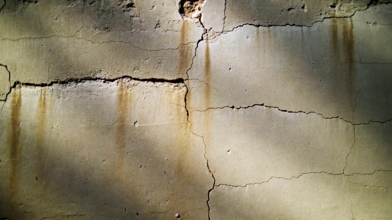 Showing plaster exterior wall revealing crack, eroded hole and rust streaks with shifting shadows