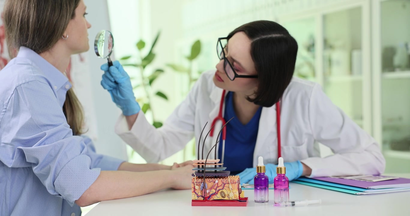 Modello degli strati della pelle umana e flaconi di siero nello studio del dermatologo.