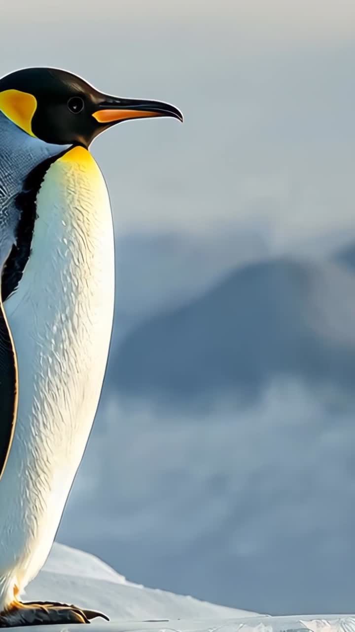Vertical video: Slow panning revealing emperor penguin scanning Antarctic ice platform, copy space