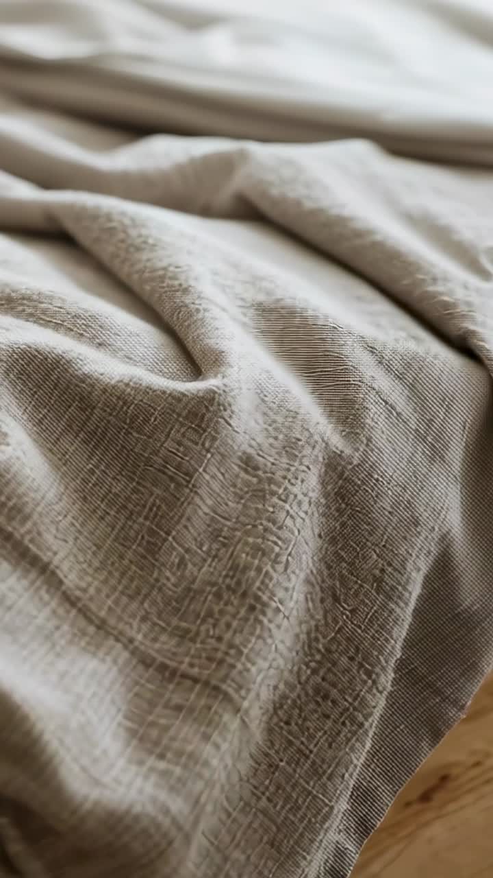 Lino beige stropicciato con messa a fuoco variabile tra le pieghe, su letto a piattaforma in legno, con bordo materasso in evidenza