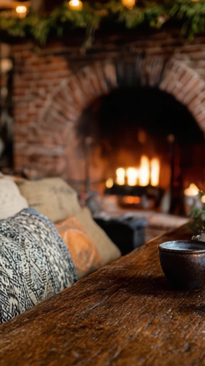 Cozy Living Room Scene with a Warm Fireplace, Inviting Textured Pillows, and Rustic Wooden Table, Perfect for Relaxation and Comfort During the Cold Season