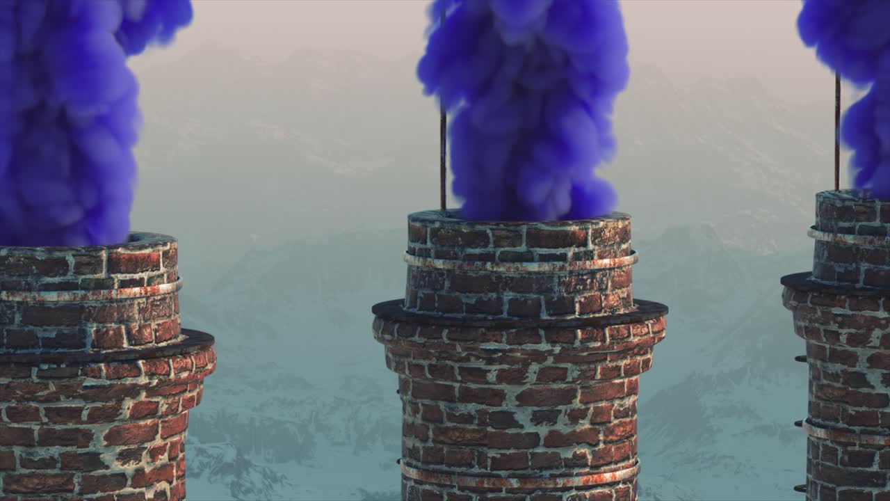 산 위에 보라색 연기가 있는 신비한 굴