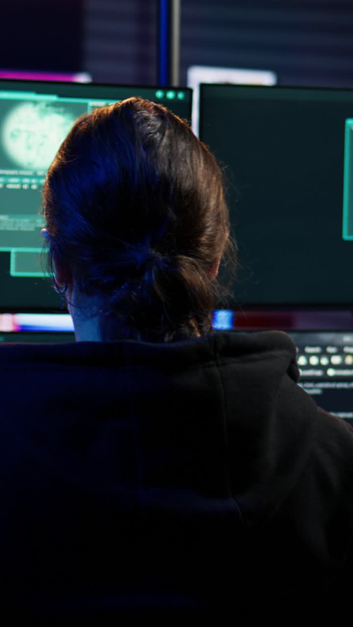 Vertikal video: Glad hacker, der er stolt efter at have brudt forsvaret ved hjælp af uautoriserede scripts