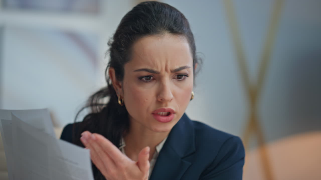 Nervous businesswoman complaining online meeting sitting company office closeup