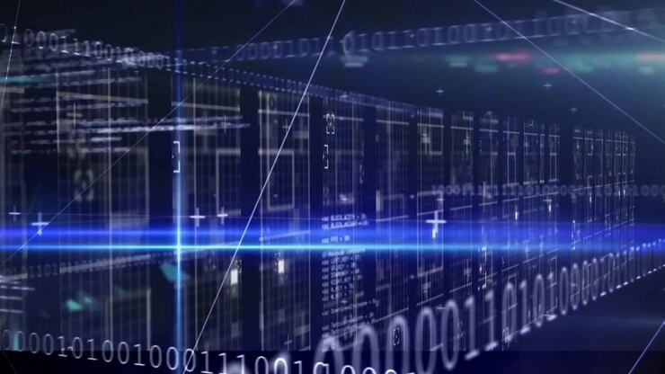 Animation of data processing and light trails over moving columns on black background