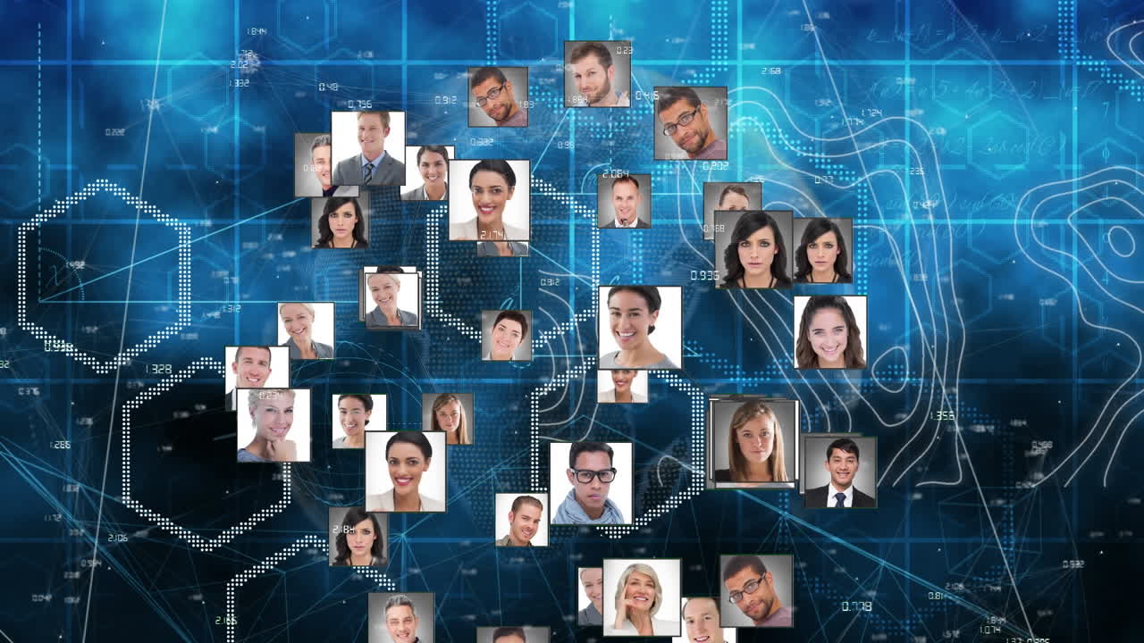 globo de iconos de perfil contra la topografía y formas hexagonales sobre fondo azul