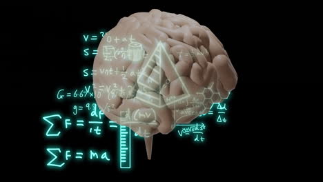 animation of mathematical equations and science icons over brain on black background