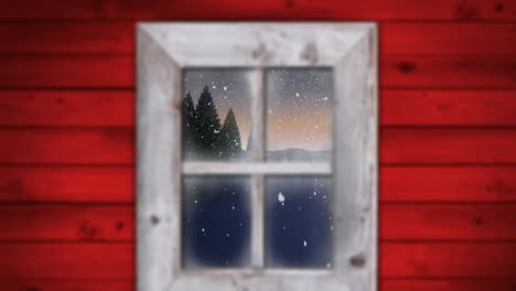 Animation-Von-Schnee,-Der-über-Die-Weihnachtliche-Winterlandschaft-Fällt-Und-Durch-Das-Fenster-Gesehen-Wird