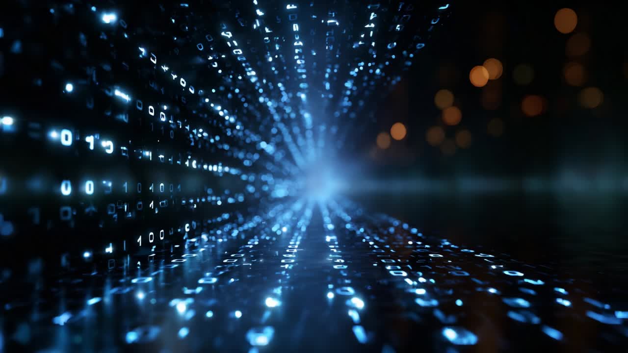 A mesmerizing journey through an endless tunnel of glowing binary code highlights the essence of digital data flow, combining technology and visualization in a captivating display of ones and zeros