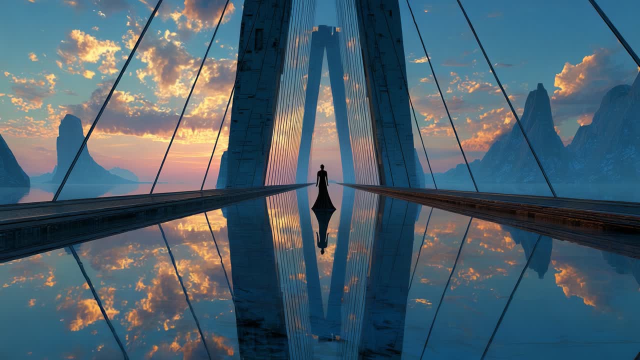 A serene figure stands on a bridge at sunrise, enveloped in a tranquil landscape, with stunning reflections in the water below and majestic mountains silhouetted in the background