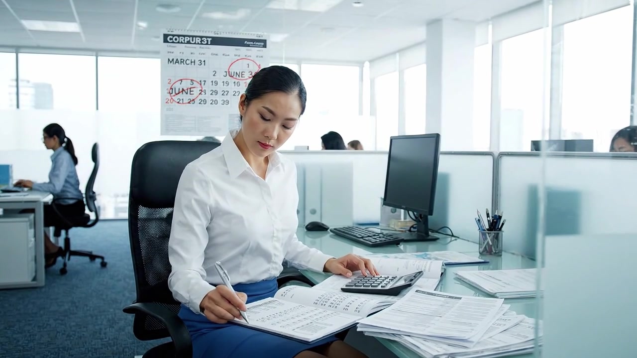 Profesional Concentrado Trabajando en Escritorio de Oficina con Calculadora, Gestionando Papeleo y Documentos en un Entorno de Oficina Moderno, Encarnando Productividad y Eficiencia
