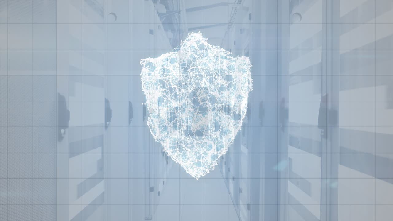 컴퓨터 서버 에 대한 보안 방패 아이콘을 형성하는 연결 네트워크의 애니메이션