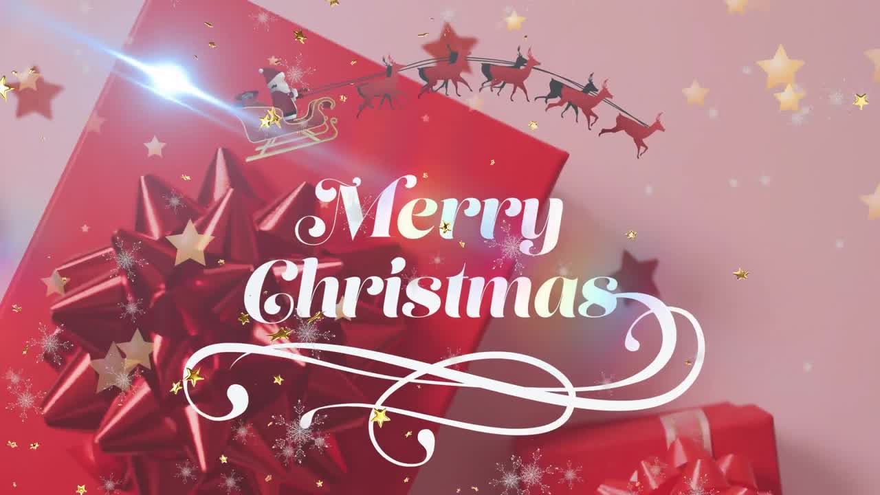 frohe weihnachten 텍스트와 크리스마스 선물과 사탕 막대기가 빨간색으로 떨어지는 애니메이션