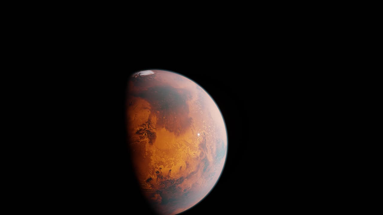 Flying Backwards Away from Partially Lit Planet Mars