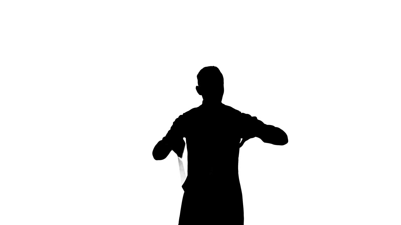 오케스트라 리더의 검은색 실루은 뮤지션들을 동기화하기 위해 지휘 지이를 사용하며, 백색 스튜디오 배경에서 스틱의 움직임으로 뮤지션들을 지휘하고 있습니다.