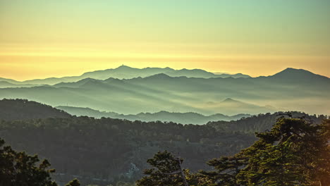 golden sunrise time lapse with haze in the valleys of a cypress int he paphos forest in cyprus - time lapse