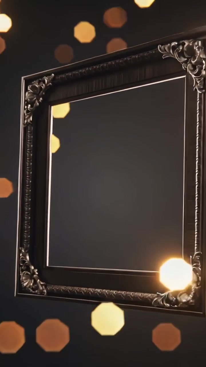 Vídeo vertical: Câmera recuando, revelando moldura ornamentada e apresentando painel vazio com cortina dourada