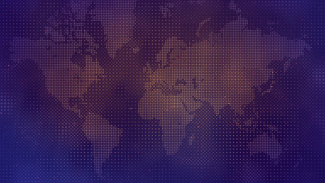 Abstract digital visualization of a world map with orange and purple dotted patterns on a dark gradient background - stylized design, modern, futuristic, and global themes