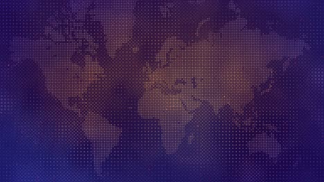abstract digital visualization of a world map with orange and purple dotted patterns on a dark gradient background - stylized design, modern, futuristic, and global themes
