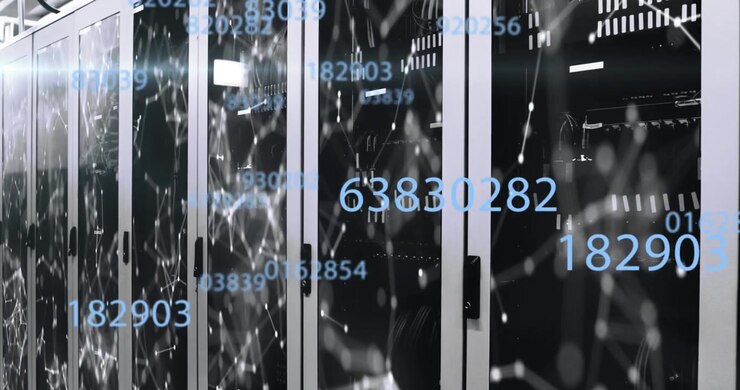 Animation of blue moon and globe over server room