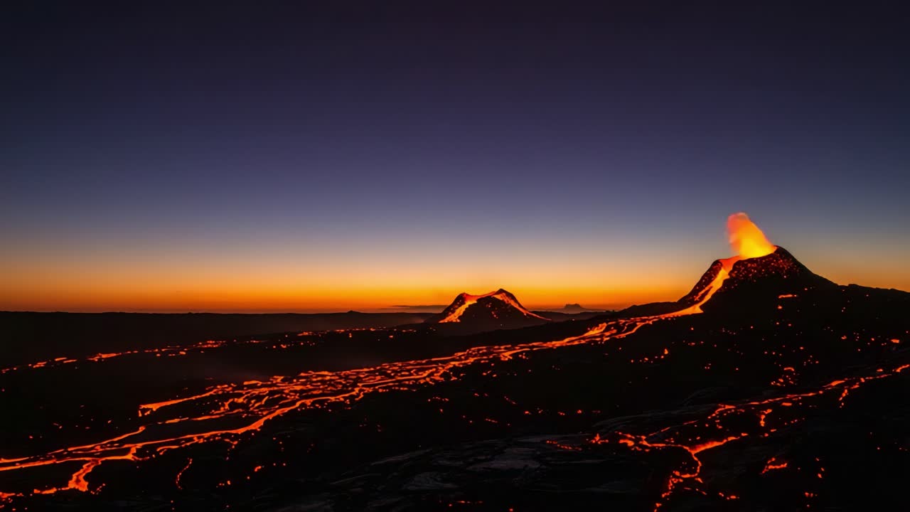 Breathtaking Eruption: A Majestic View of Flowing Lava and Volcanic Peaks Against a Stunning Sunset Sky