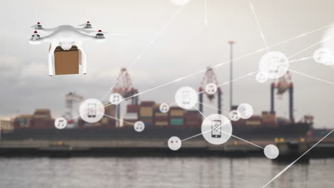 animation of connected icons, drone carrying cardboard box against containers in background