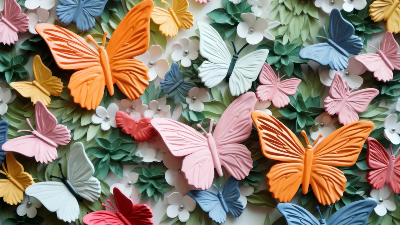 Sfondo colorato con farfalle e fiori di carta artigianali