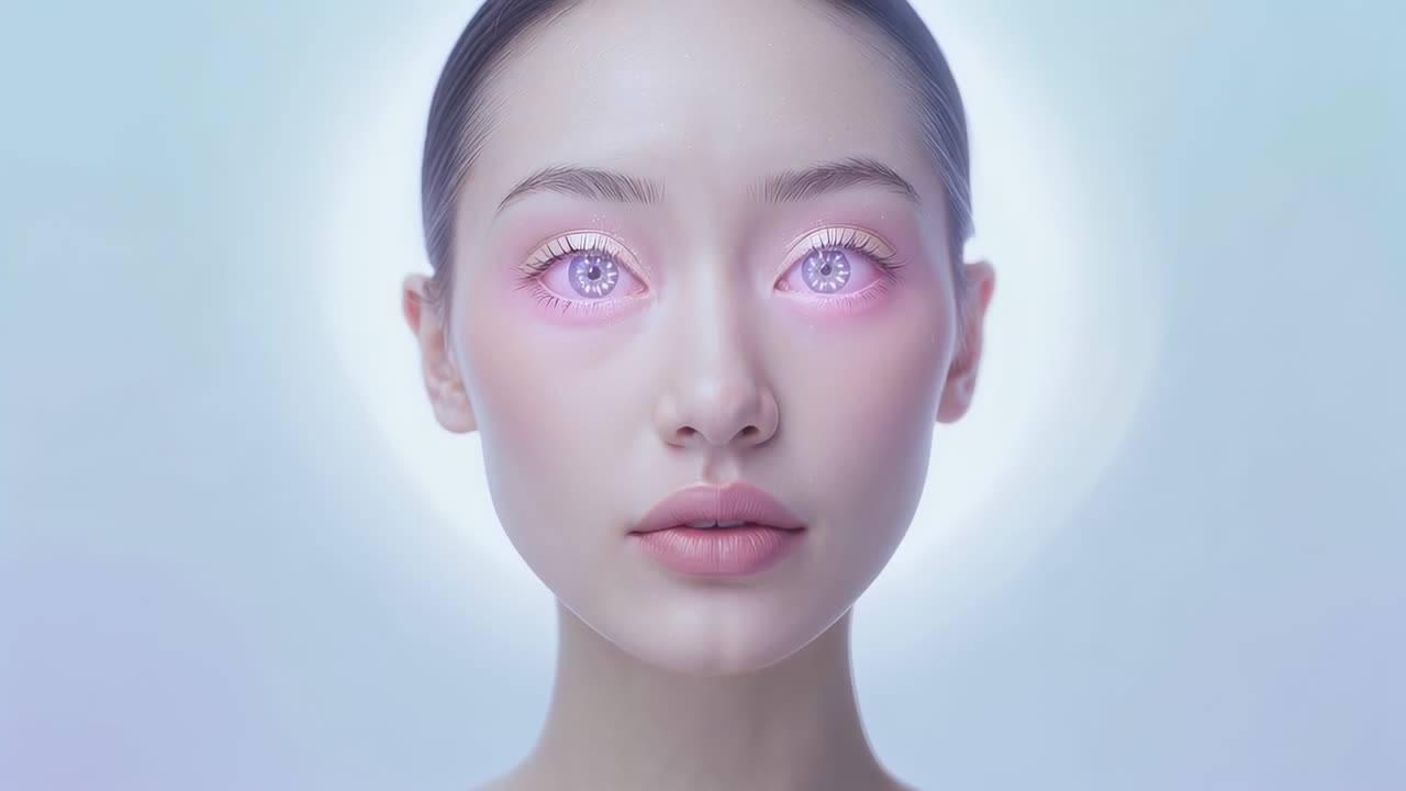女性モデルがハローライトを当てられ、目が輝き、きらめくメイクでスタジオ撮影されている様子