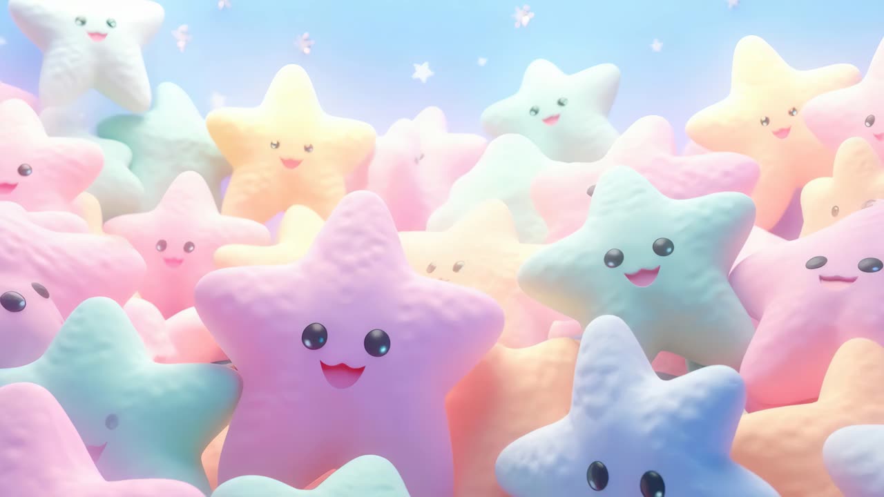 A whimsical video scene of pastel-colored, smiling star characters