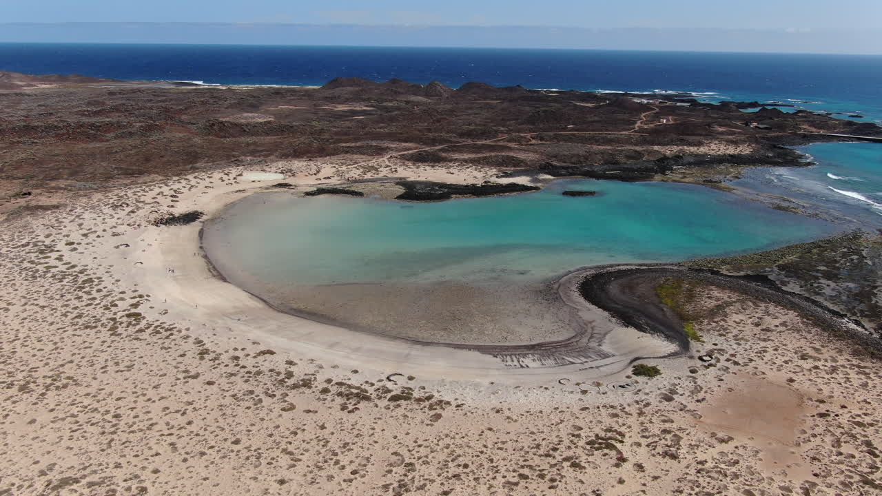 Aerial view: Turquoise water bathes the white sand beach of Lobos Island, Fuerteventura in the Canary Islands