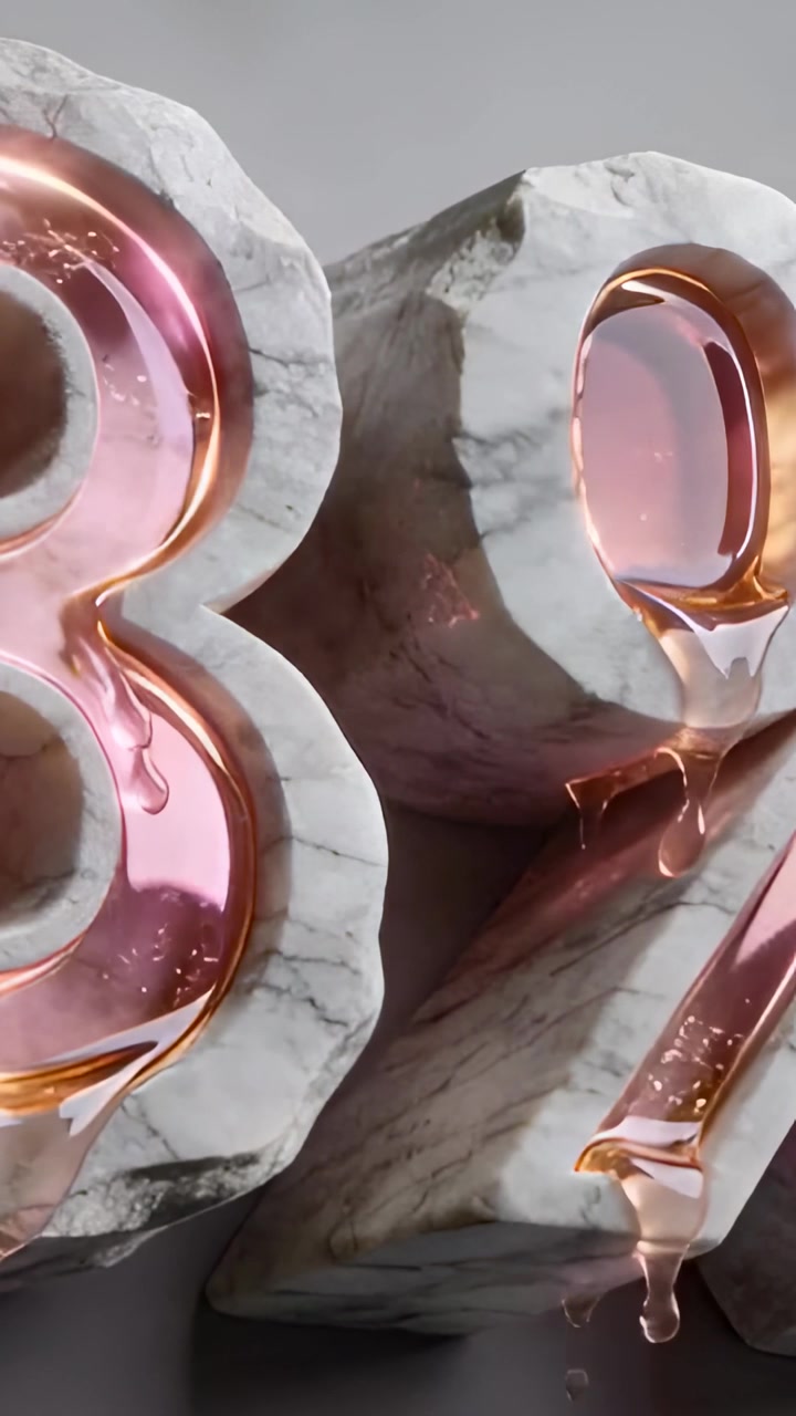 Video verticale: Formazione di una goccia, liquido color oro rosa che cade da cifre 8% per gravità in uno studio di marmo.