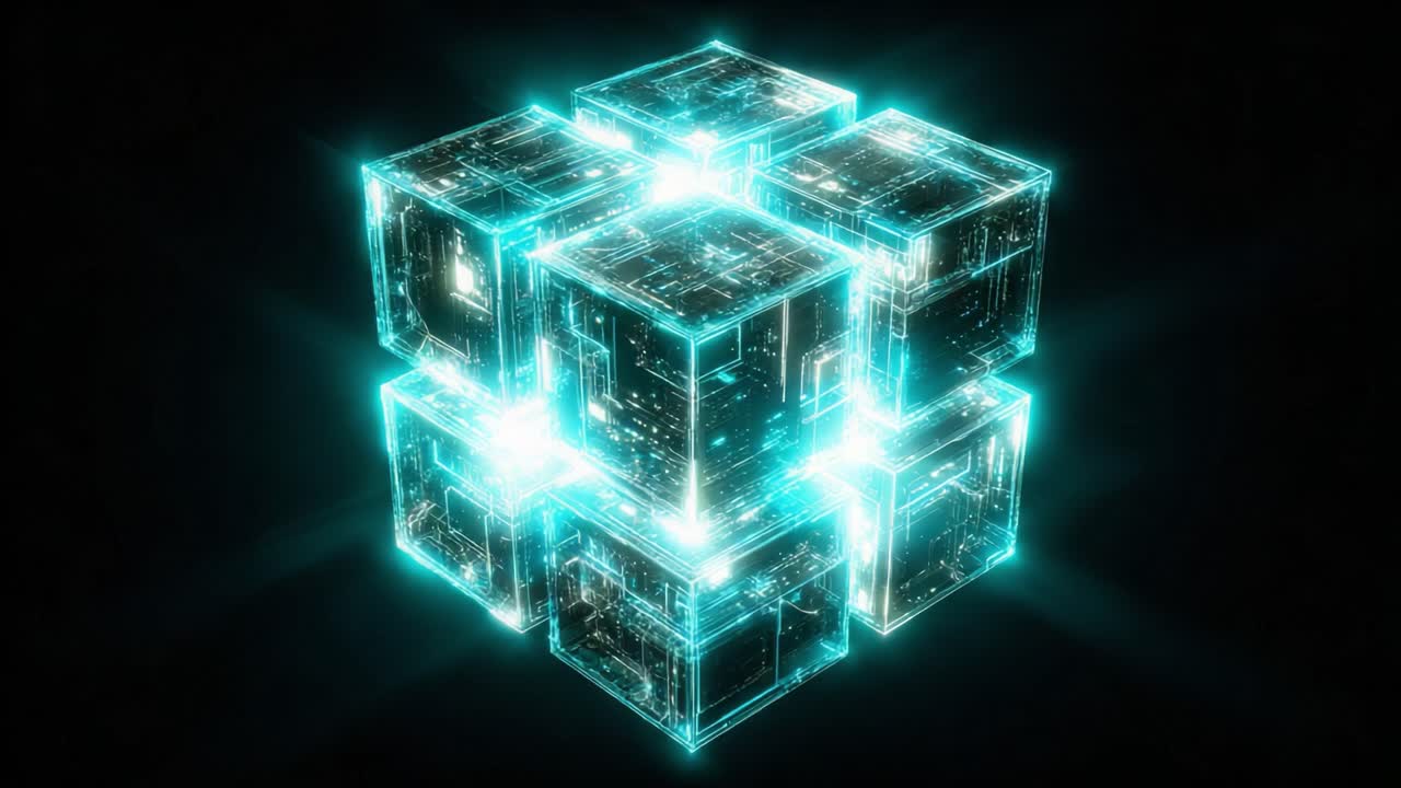 Glowing cube made of smaller blocks with circuit like patterns rotating against a dark background, representing futuristic technology, artificial intelligence, and digital data concepts