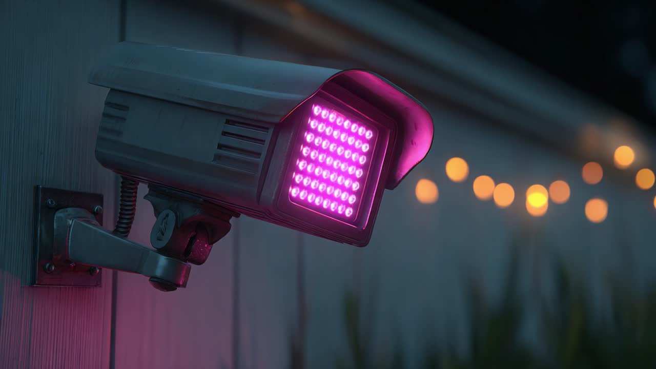 Surveillance Camera with LED Illumination Capturing a Night Scene Enhanced by Decorative Lights in Overview
