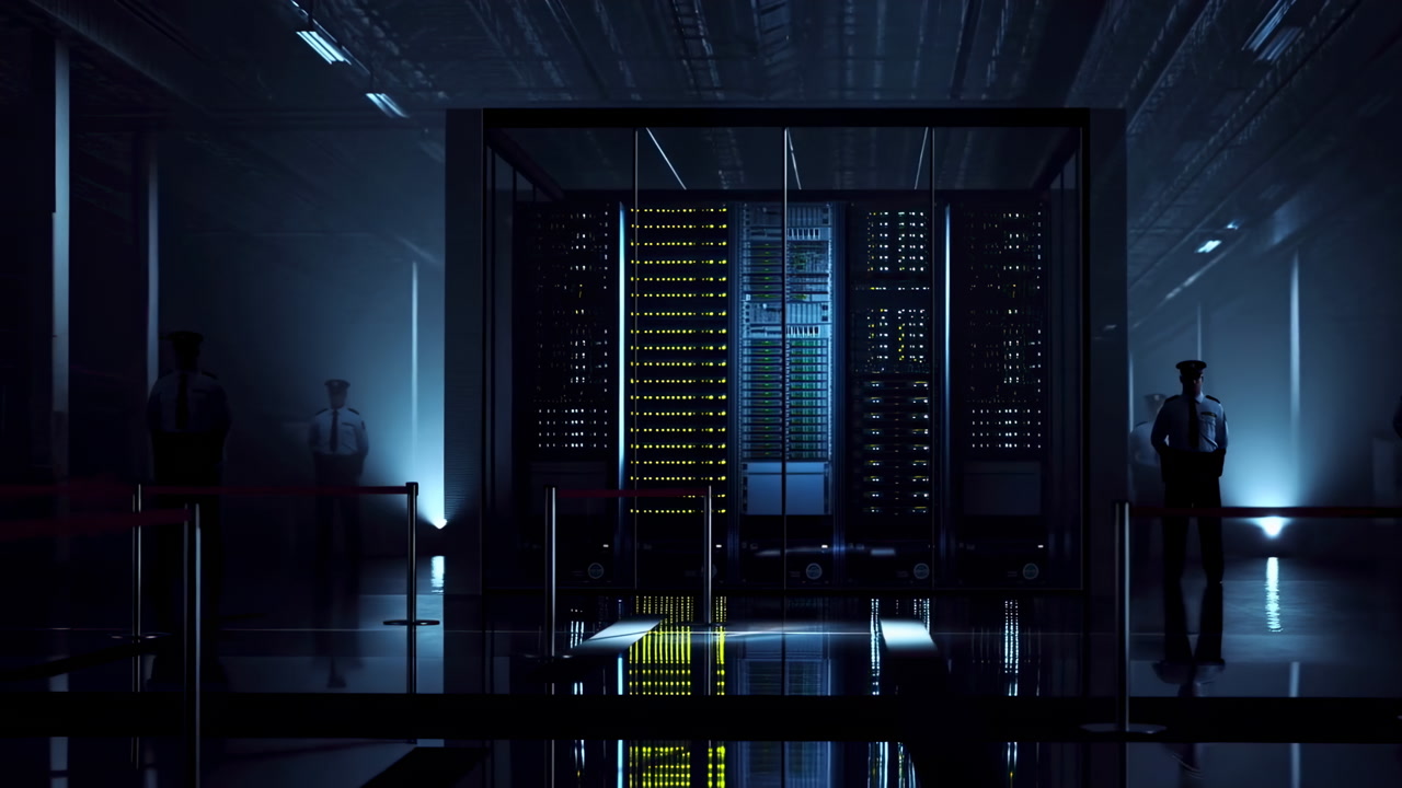 Secure Server Rack In Dim Datacenter, Towering Rack Illuminated By Blue LEDs, Reflective Floor And Hightech