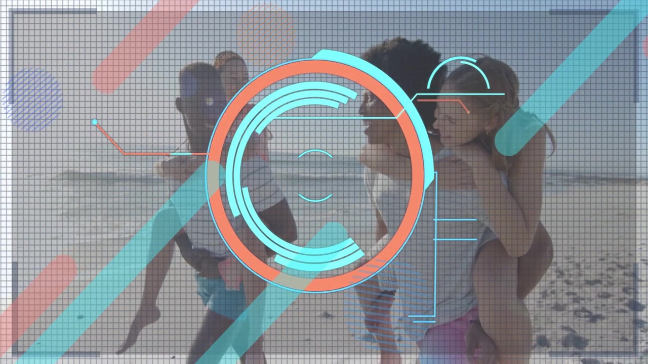 Two men piggybacking women walking beach, cyan dot expanding into layered HUD for tech creators