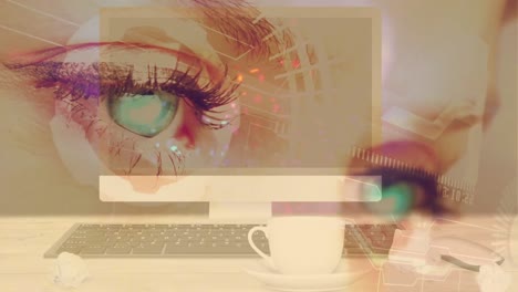 Animation of glowing lights over computer and woman&#039;s green eyes