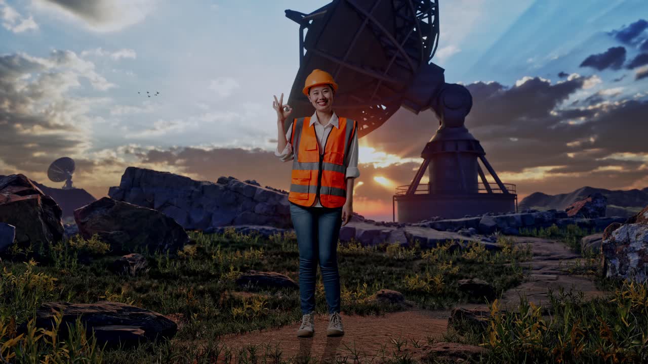 Full Body Of Asian Female Engineer With Safety Helmet Smiling And Showing Okay Gesture To The Camera While Standing With Large Satellite Dish