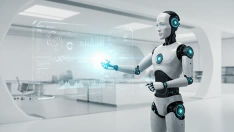 futuristic robot engaged in data analysis, interacting with holographic interface displaying graphs and insights in a modern workspace