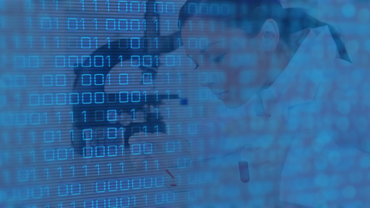 Animation of data processing over caucasian female scientist in lab