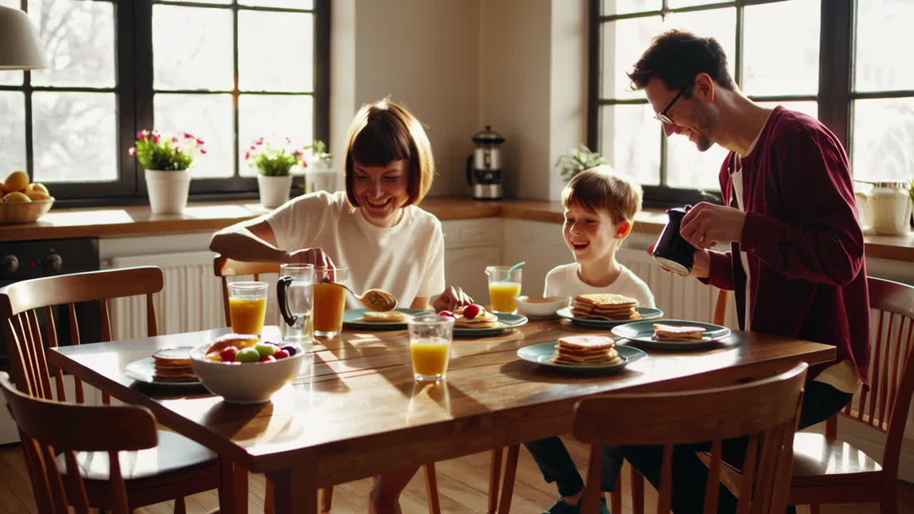 Family having breakfast with pancakes