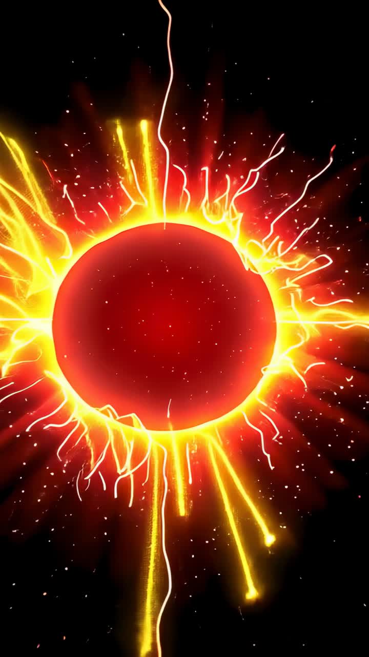 Vertical video: Pulsing red disc sending corona and filaments outward in space, reacting to spike