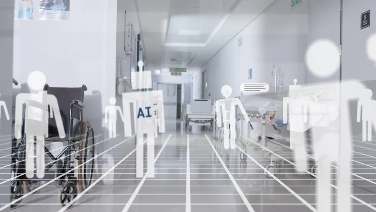 AI and healthcare animation over hospital corridor with medical equipment