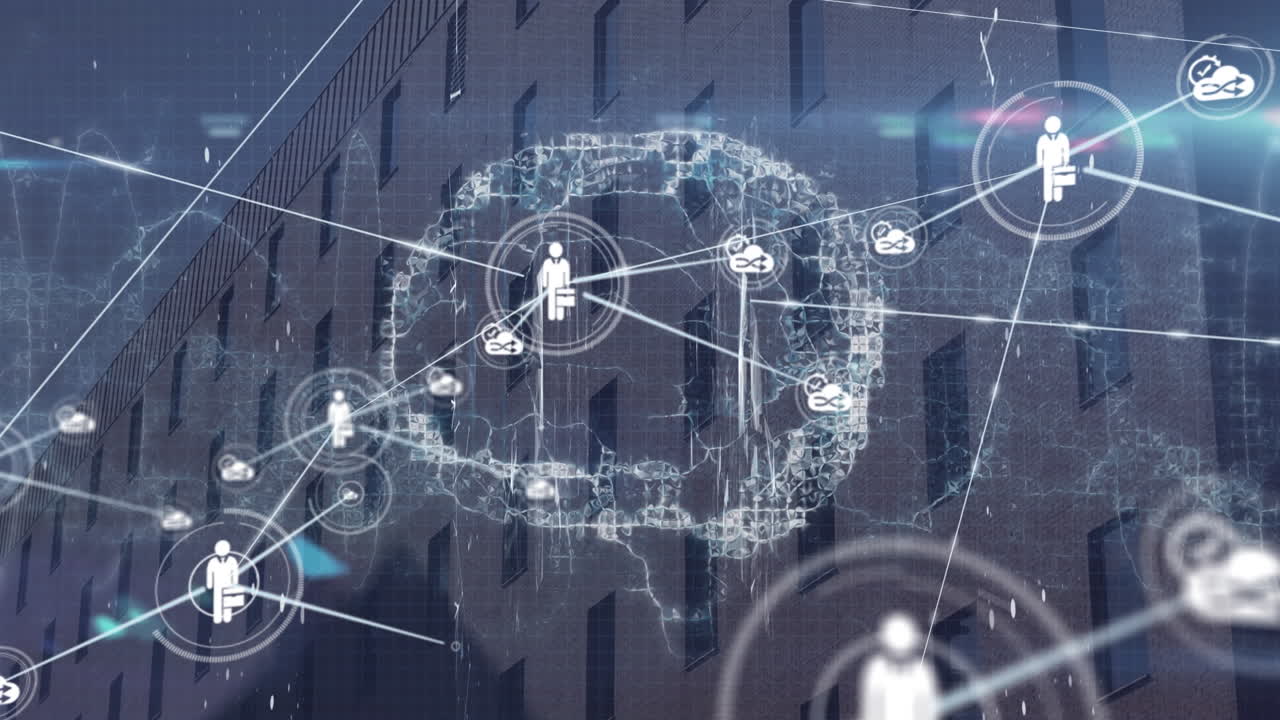 Animation of network of connection with icons and brain over cityscape