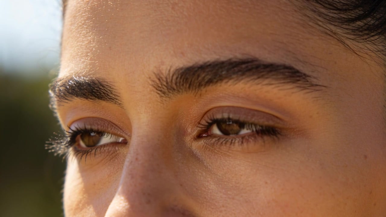 Staring, adult female's eyes adjusting to bright sunlight in park, blinking and showing freckles